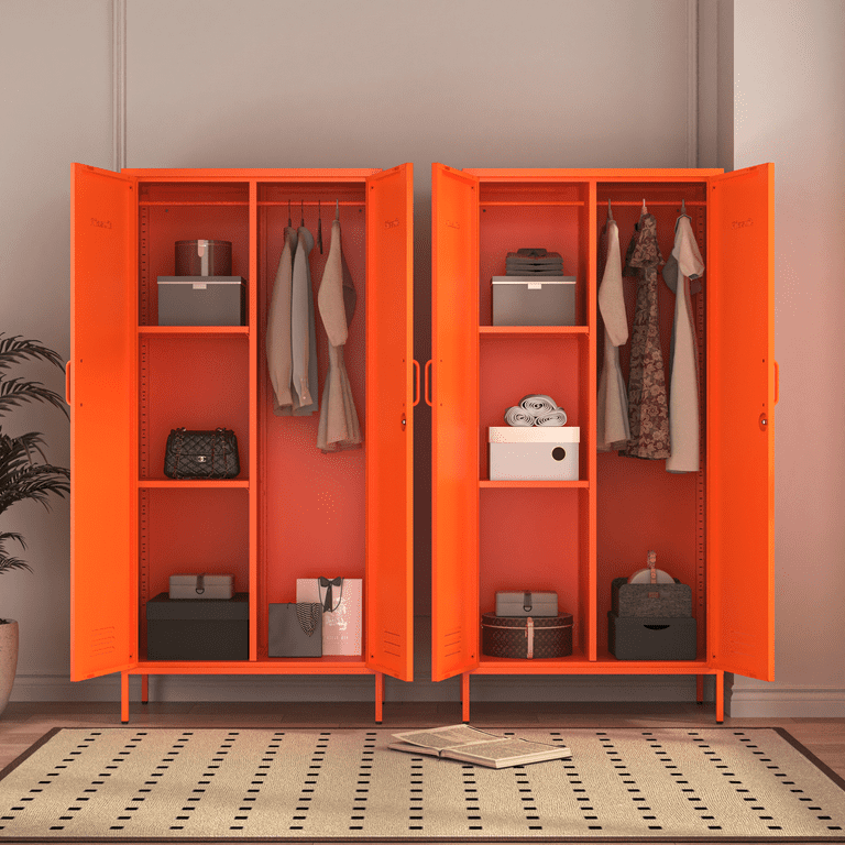 キャビネット2/2 2 Door Wardrobe 67 Inch Orange Metal Storage Cabinet with Hanging