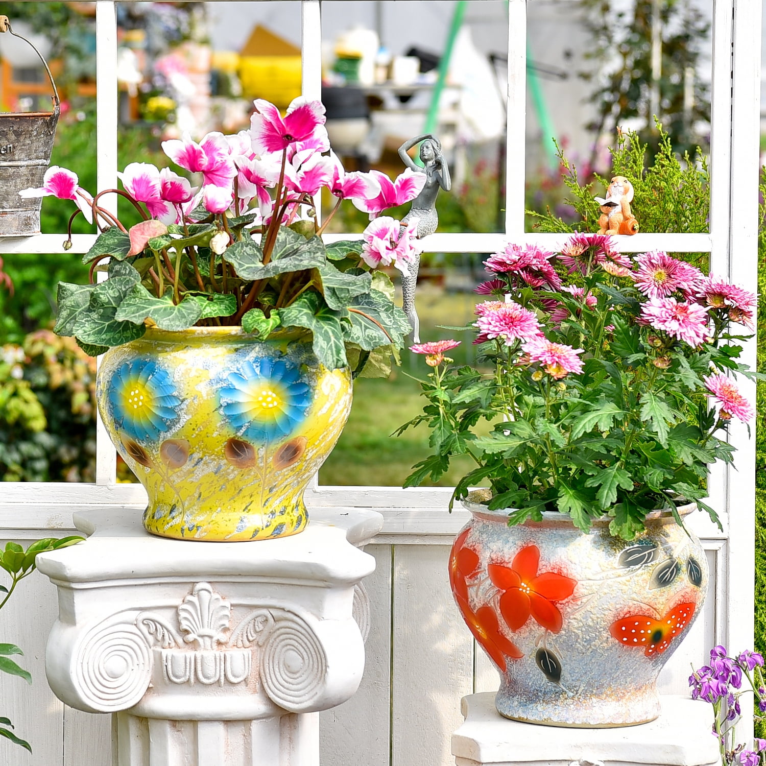 Sungmor Ceramic Round Flower Pot, Gold with Floral Pattern and Drainage Holes