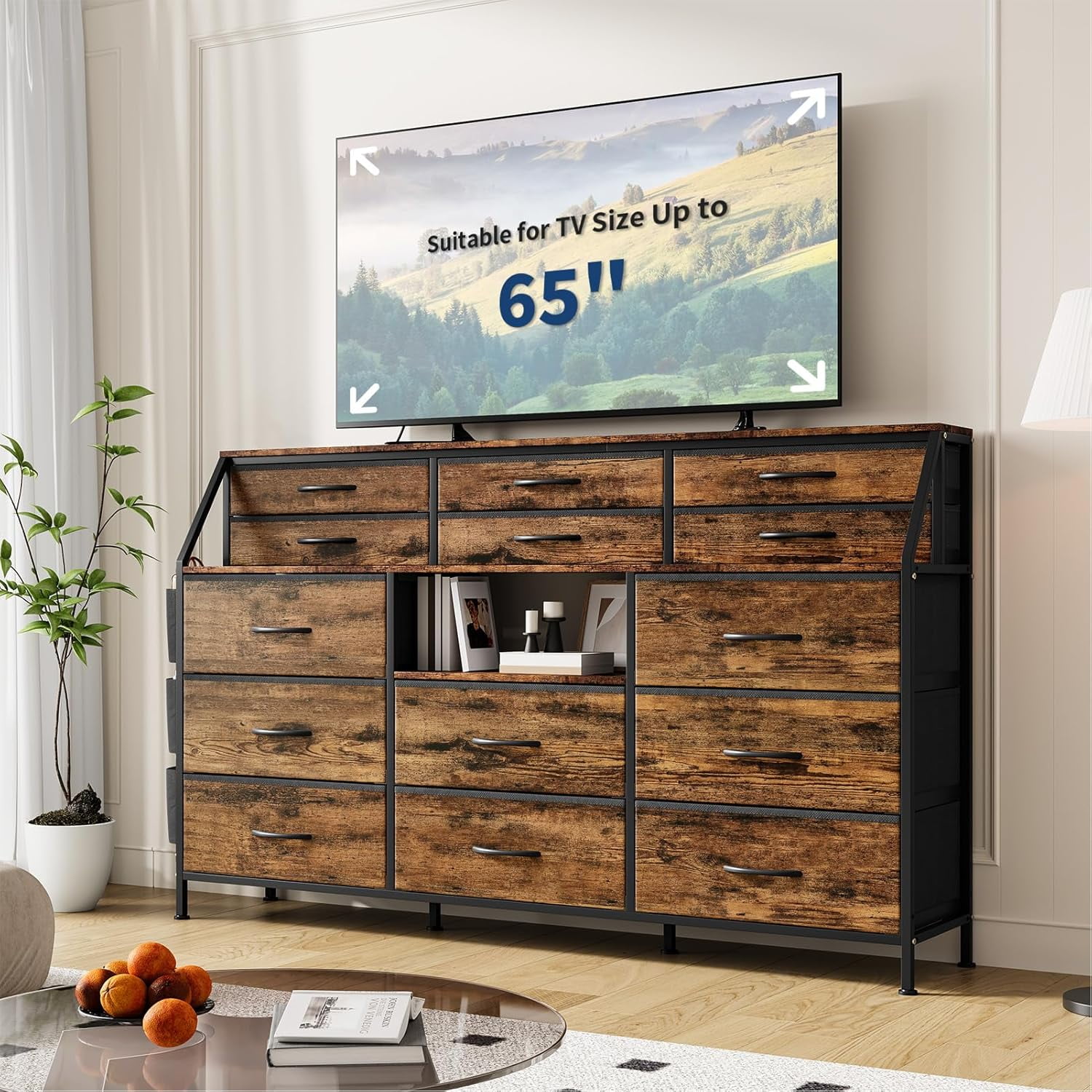 Dresser for Bedroom with 14 Drawers, 55" W Dresser with Side Pocket, Fabric Dressers & Chests of Drawers with Shelves, Sturdy Frame, Wood Top