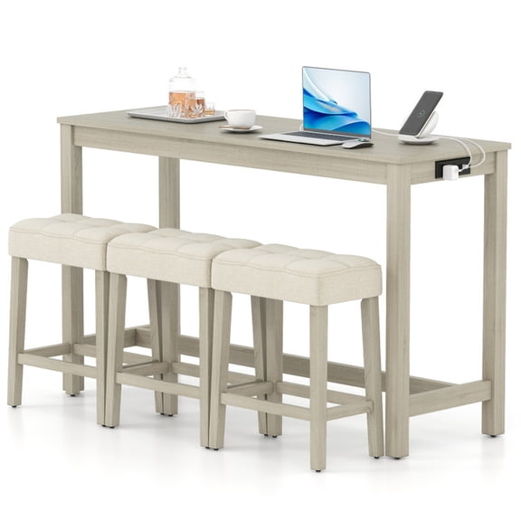 Biotree 4-Piece Breakfast Nook Bar Set with Counter Height Table, 3 Stools, AC and USB Outlets, Gray