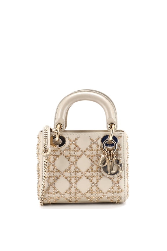 Pre-Owned Lady Dior Chain Bag Crystal Embellished Cannage Quilt Leather Mini By Rebag