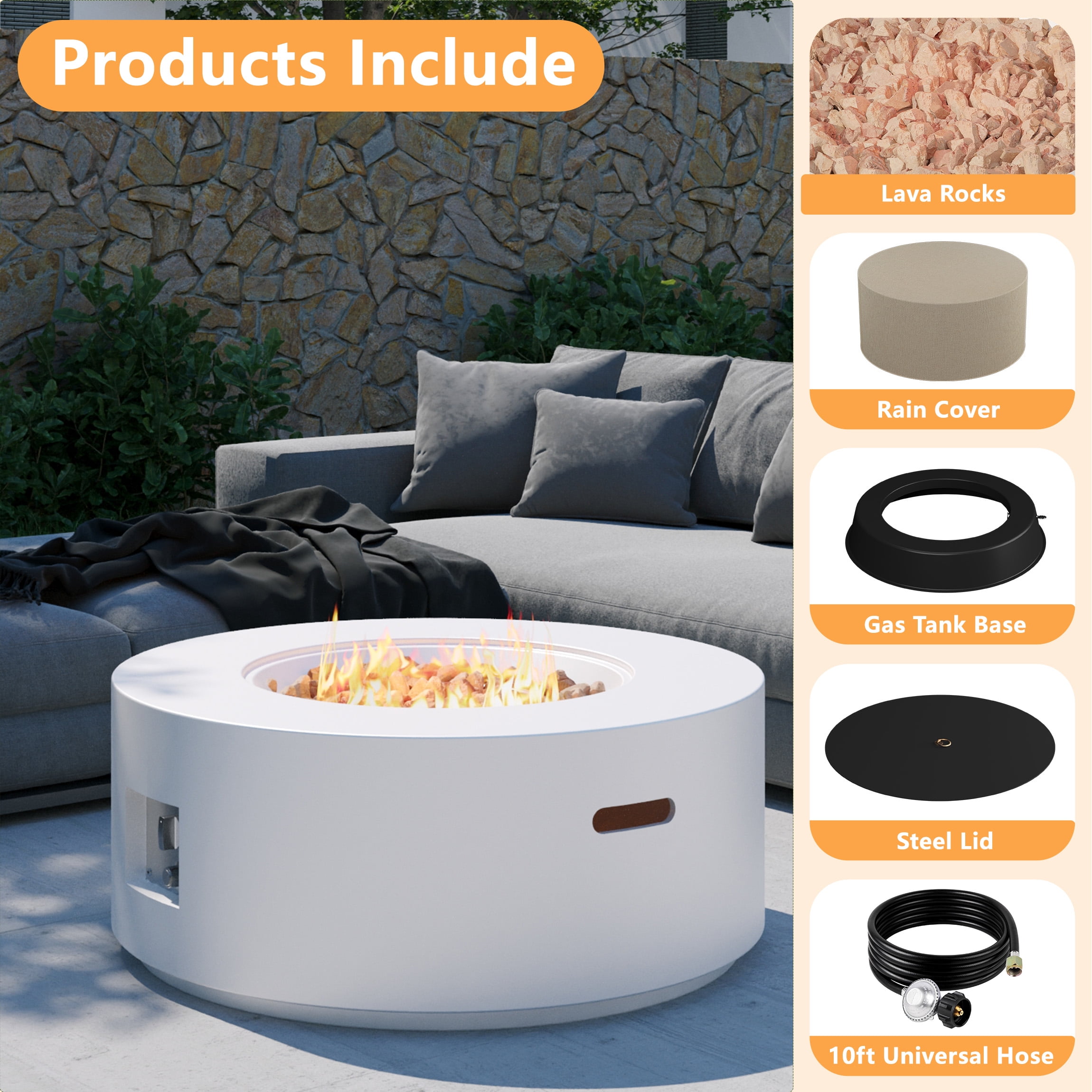 Wakeyard 32.5 inch Round Propane Fire Pit Table, 50000 BTU, Includes Lava Rock,White