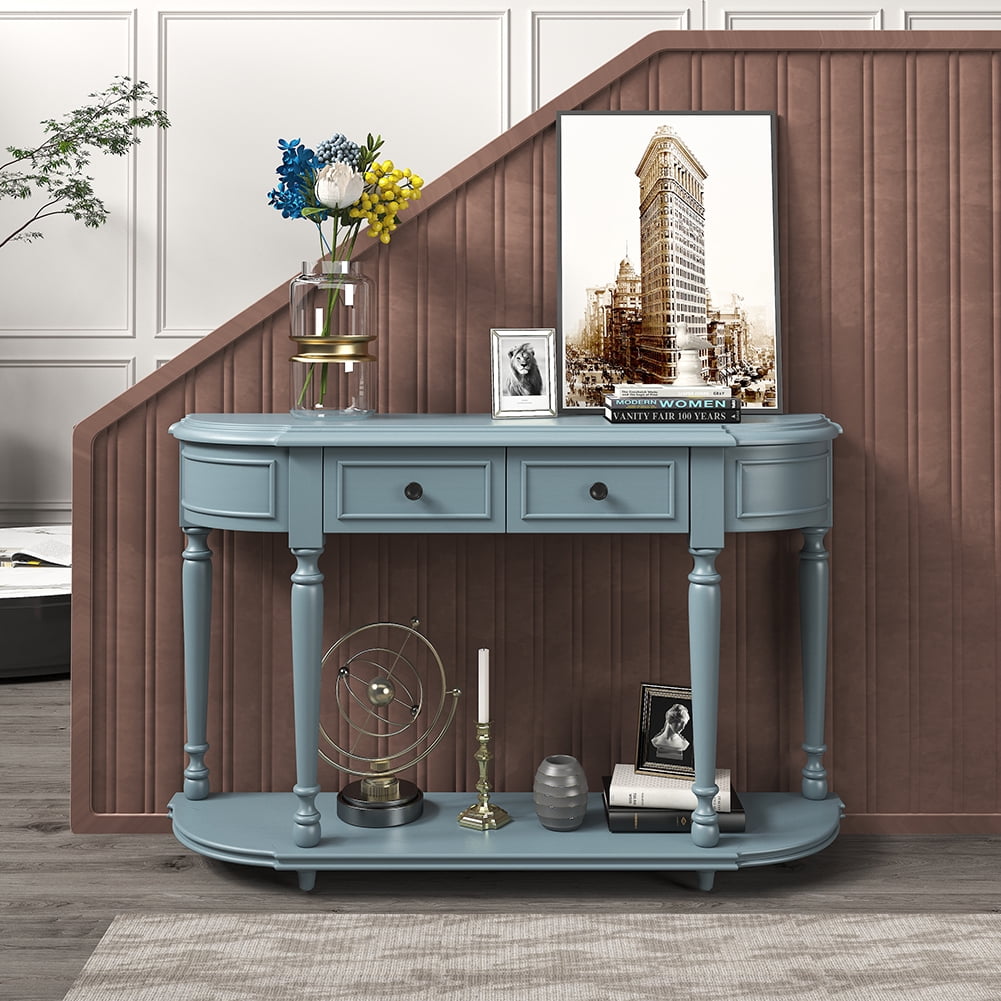 Lowestbest Retro Curved Console Table, Entryway Table with Shelf Wooden Frame and Legs Two Top Drawers (Navy) Lowestbest Retro Curved Console Table, Entryway Table with Shelf Wooden Frame and Legs Two Top Drawers (Navy)