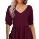 thumbnail image 3 of Blusa de manga corta con cuello en V para mujer, blusa de manga corta con volantes de Color puro a la moda para verano, color rojo vino L, 3 of 5
