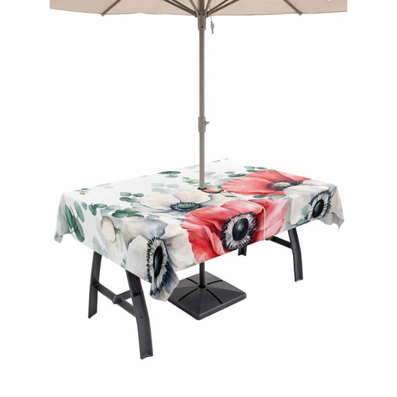 Outdoor Tablecloth with Umbrella Hole for Patio/Picnic/Party/Camping, Poppy Flowers Eucalyptus Waterproof Table Cloth Rectangle Table Cover Washable, Farmhouse Weeping Botanical (54"x 80")