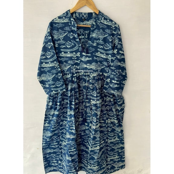 Indigo Fish Printed Cotton Dress, Sketer Circle Dress, Block Print Blousen Dress ,Short Dress,Floral block Print Dress,Cotton Handmade Dress