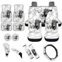 Yuyamidu White Marble Print Car Seat Covers Full Set with Carpet Mats Highland Cow Steering Wheel Cover Seat Belt Cover Coaster Gear Shift Knob Cover Set Universal Fit, 15 Piece