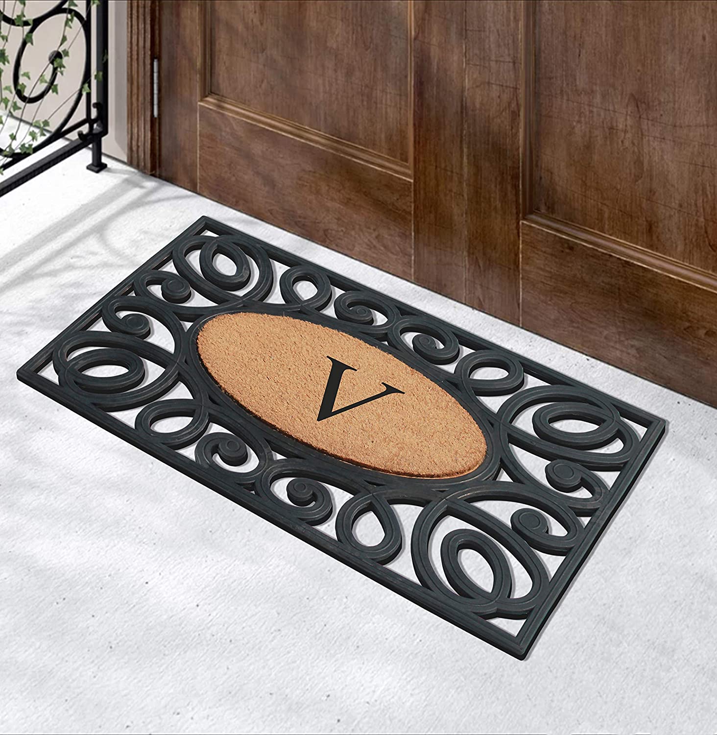 A1HC Elegant Circles Rubber and Coir Mat for Outdoor Entrance Heavy Duty Monogrammed Doormat Black/Beige 23x38