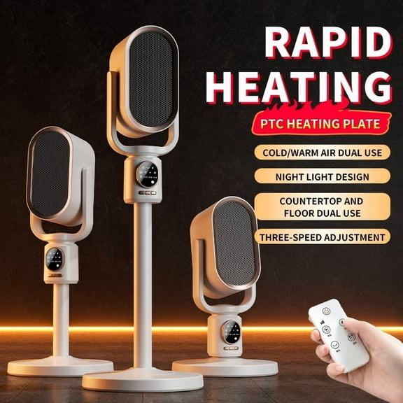 2-in-1 Oscillating Heater & Fan with Remote Control and Timer – Desktop or Floor Use, 3-Speed Adjustable, Night Light – Fast Heating & Cooling for Home or Office