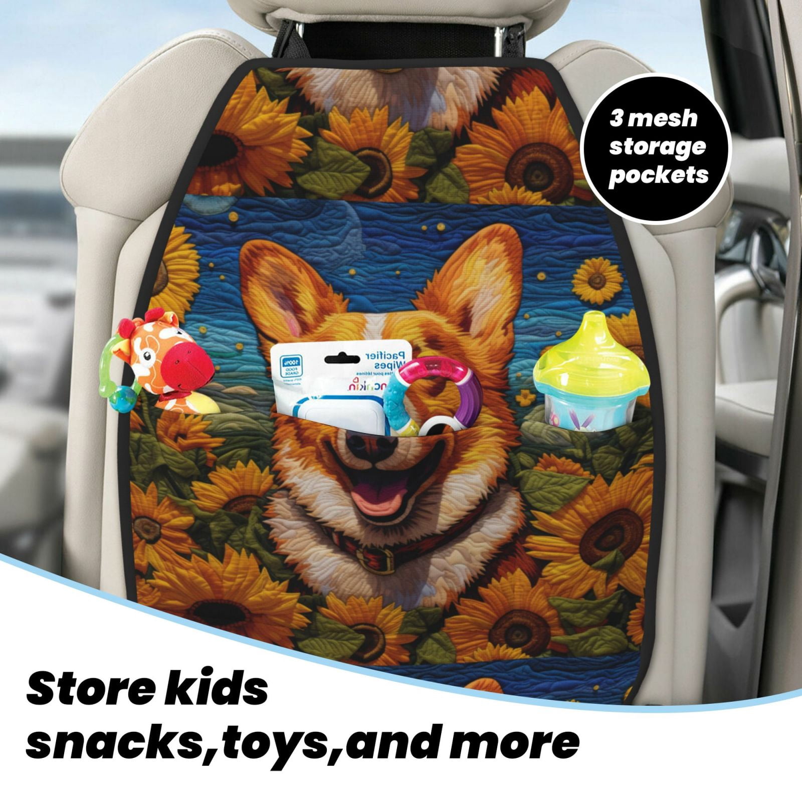 Xecao Artistic Sunflower Corgi Pattern Car Seat Back Protector 2 Pack Large Capacity Pocket, Kick Mats Back Seat Protector