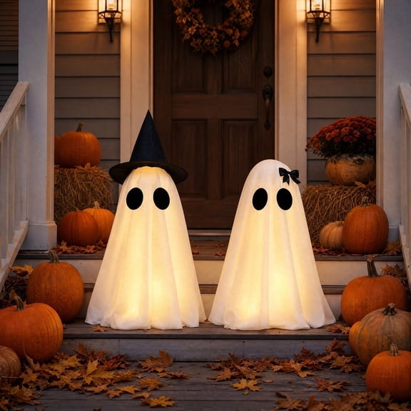 Halloween Decorations Indoor, 2 Packs Lighted Spooky Couple Ghosts, Witch Hat & Bow Ghost for Mantel Tabletop Entryway Home Party Fireplace Decor