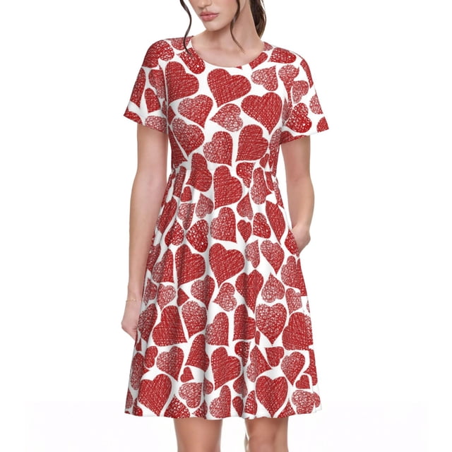 Bixox Robe d'Été à Manches Courtes pour Femmes Robe Ample Longueur Genou avec Poches-Cœurs