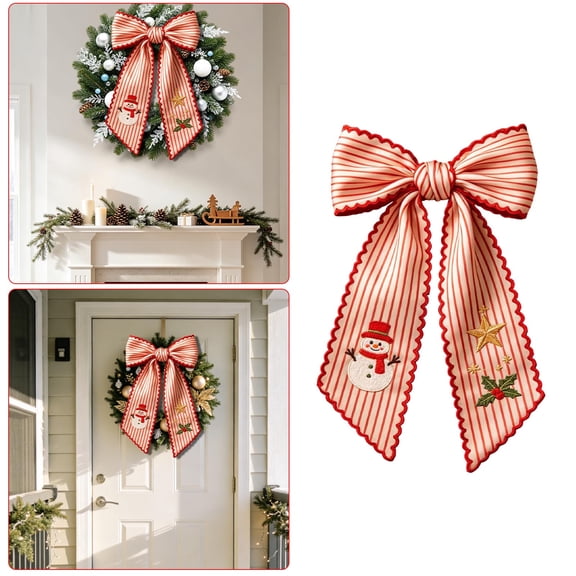 Cififendec Christmas Wreath Sash Bow, 54.33", Soft Fabric Bow with Exquisite Embroidered Christmas Motifs for Wreath and Front Door Decoration