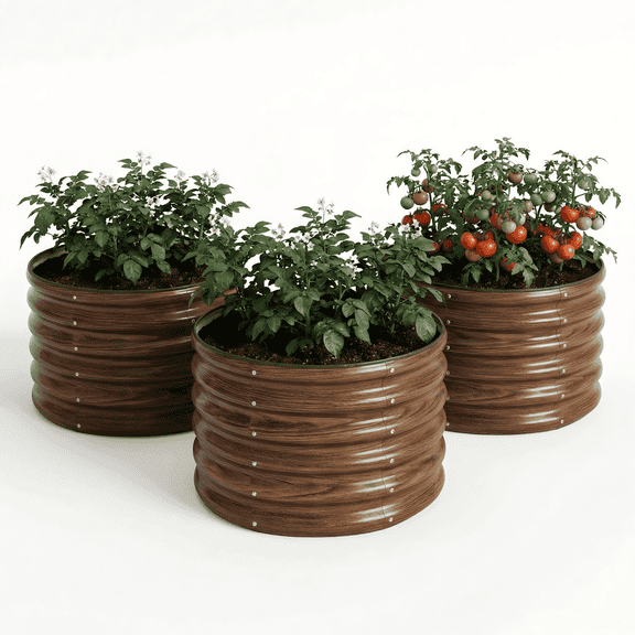 SnugNiture 3-Pack 2x2x1.5 FT Deep Round Raised Garden Bed, Galvanized Metal Planter for Vegetables, Herbs, Flowers, Brown