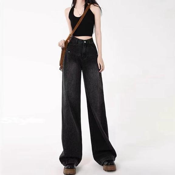 Women Black And Gray Wide Leg Straight Leg High Waist Design Jeans Boot Cut Pants for Women Jean Pants Women Denim Boot Cut Womens Stretch Straight Leg Pants M1 Denim Womens Pants Relaxed Fit Women