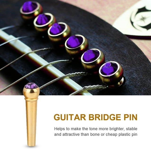 6 pines de puente de guitarra hechos de latón con decoración de puntos de cristal, piezas de instrumentos musicales, color morado