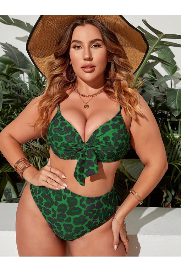 2026 New plus Size Leopard Print Bikini High Waist Sexy Separate Swimwear Gathered Backless Cross Border Large Size Polyester
