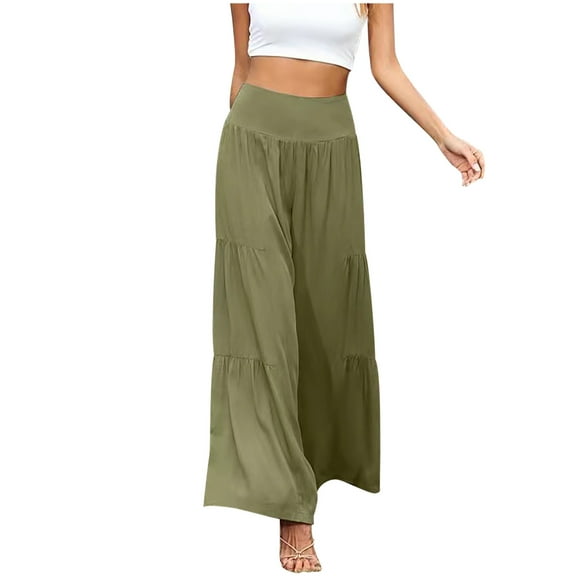 XFLWAM Women's Wide Leg Palazzo Pants High Waist Beach Boho Casual Solid Color Loose Long Trousers Army Green S