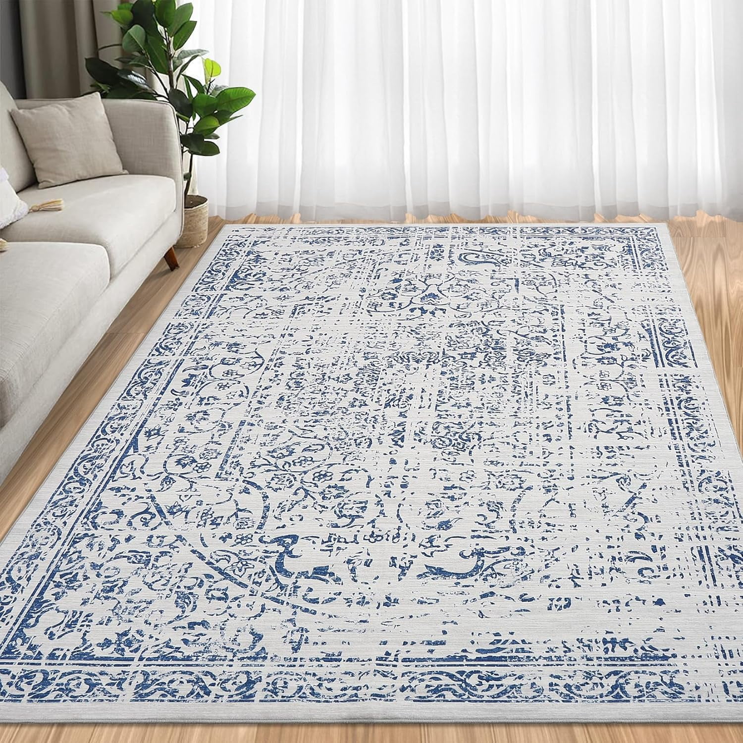 Machine Washable 9x12 Area Rugs Vintage Rugs Non Slip Low Pile Water Resistant Soft Print Pattern Carpet Indoor Decor Polyester Rug Blue