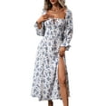 thumbnail image 2 of Womens Casual Square Neck Long Sleeve Boho Floral Midi Dress Print Side Split Dresses White XL, 2 of 8