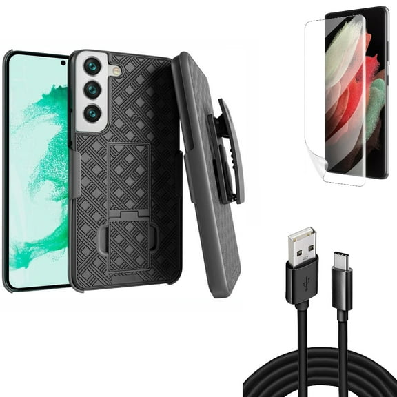 Case Belt Clip & 10ft USB Cable & Matte Screen Protector for Samsung Galaxy S22 Plus (S22 ) - Combo Holster Swivel Cover & Type-C Charger Cord Power & TPU Film Anti-Glare