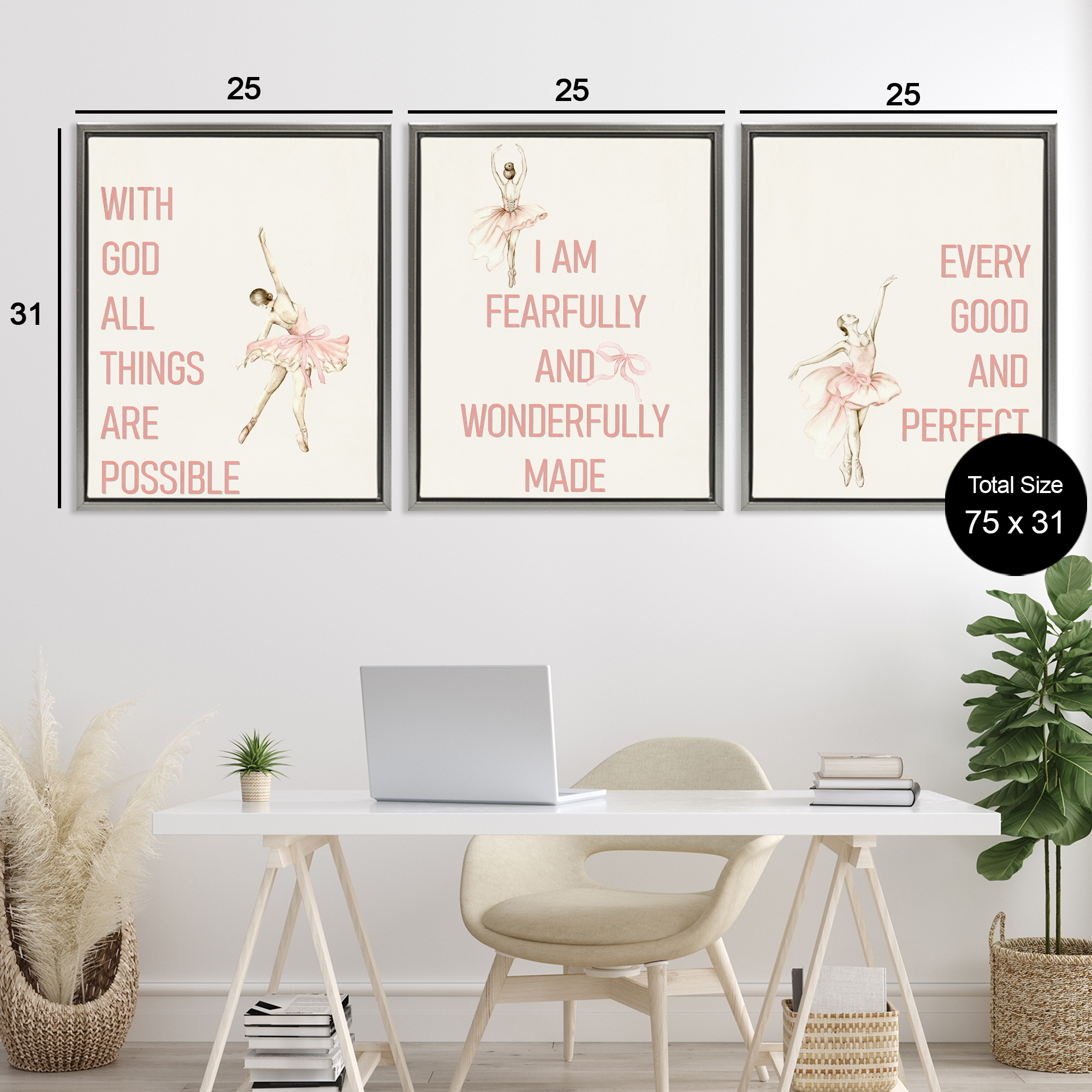 Faith Sentiments with Ballerinas 3 Piece Gray Framed Floater Canvas Set, design by Kim Allen