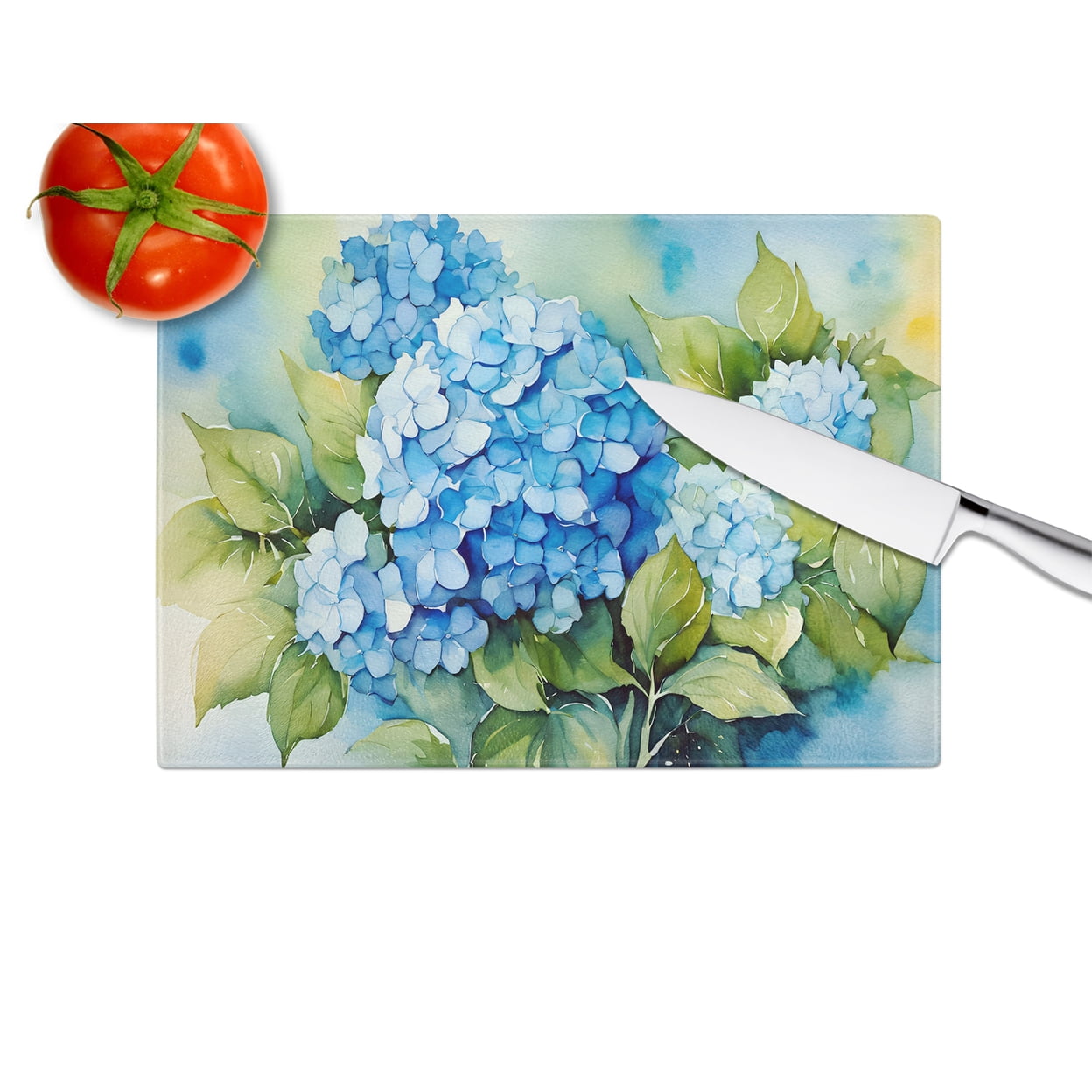 Hydrangeas in Watercolor Glass Cutting Board Large 12 in x 15 in