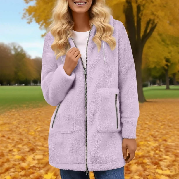 HongQid Women's Fuzzy Fleece Jacket Full Zip Up Lightweight Warm Soft Fleece Coat with Hood for Spring Fall Winter