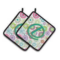 Carolines Treasures CJ2011-TPTHD Letter T Flowers Pink Teal Green Initial Pair of Pot Holders, 7.5HX7.5W, multicolor