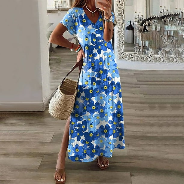 Homely Boho Dresses Womens Maxi Dresses Summer Spring V Neck Short Sleeve Split Long Dress Casual Boho Tank Dress Beach Sundress