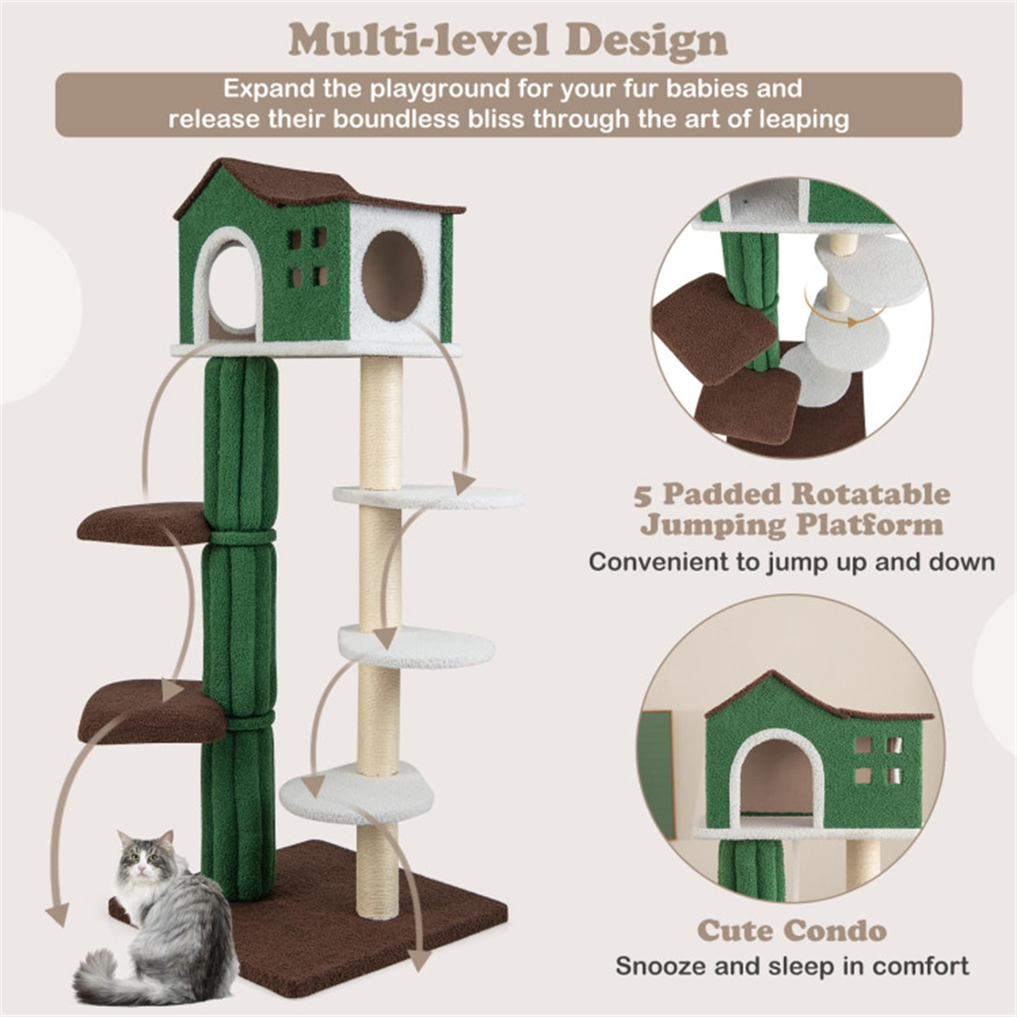 Kadyn 61" Modern Cat Tree Tower for Indoor Cats with Natural Sisal Scratching Posts, Anti-tipping Device, Cat Tree House for Kittens Climb Play, Rest, Green