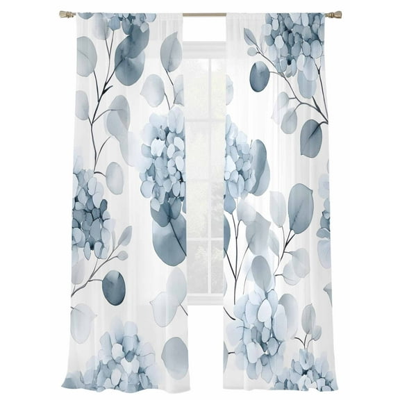 Flowers Pastoral Sheer Curtains 108 Inch Long 2 Panels, Blue Hydrangeas Leaf Light Filtering Rod Pocket Semi Sheer Curtains, Sheer Voile Drapes for Living Room Bedroom, 52"x108"