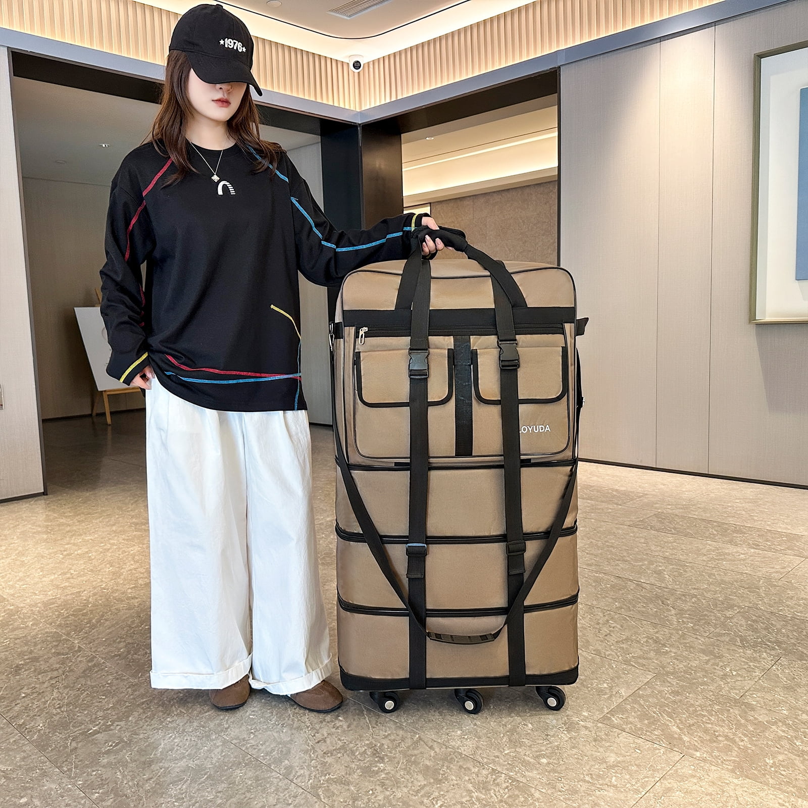 Gloyuda 130L rolling bag, 40 inch Duffle bag with wheels, Rolling tote bags with wheels, Collapsible Luggage, travel bag with wheels and handle, roller bag with 2 Fixing Straps and 1 Shoulder Strap