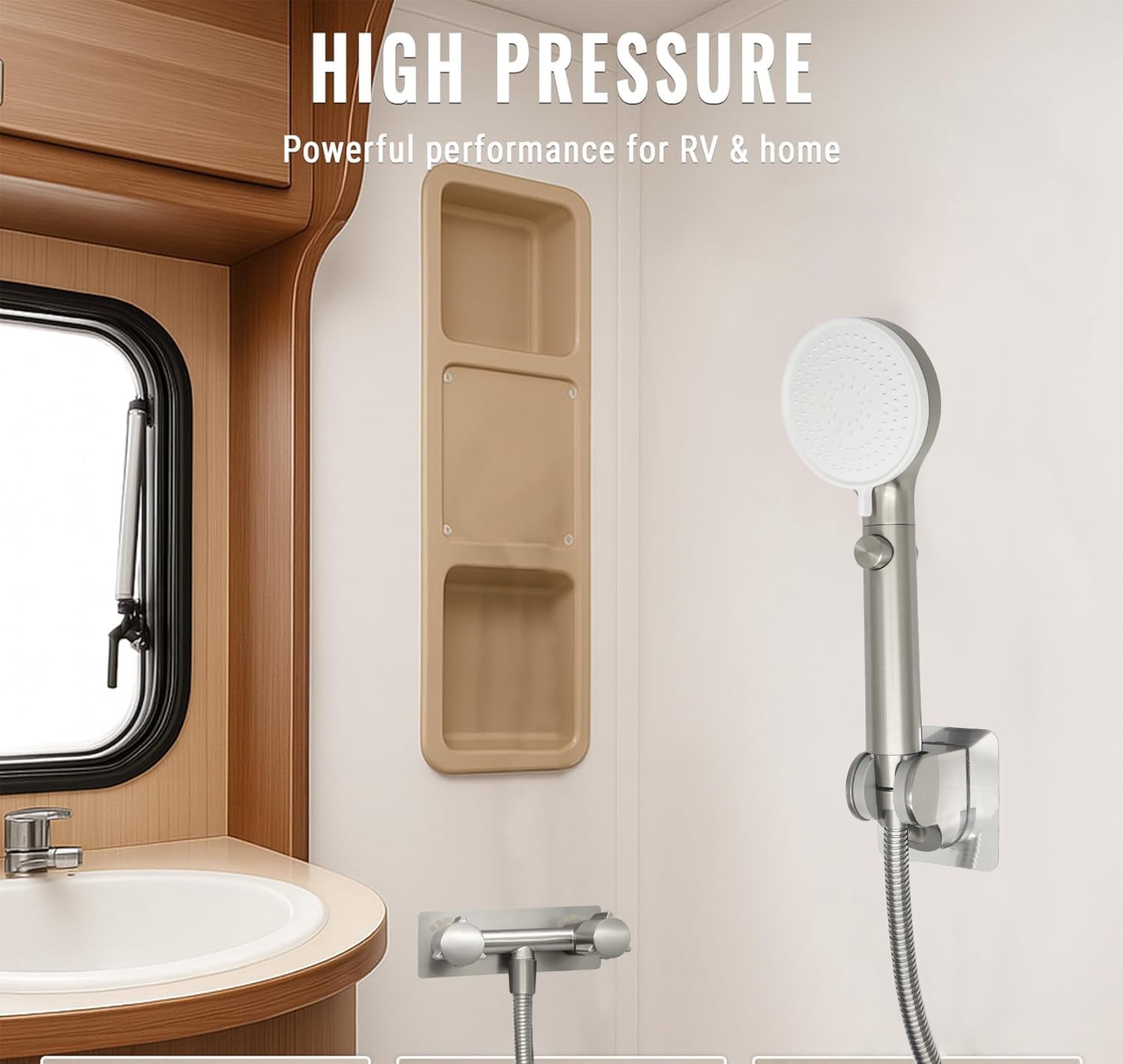 RV Shower Faucet Kit with Handheld Head, Hose & Holder, Brushed Nickel