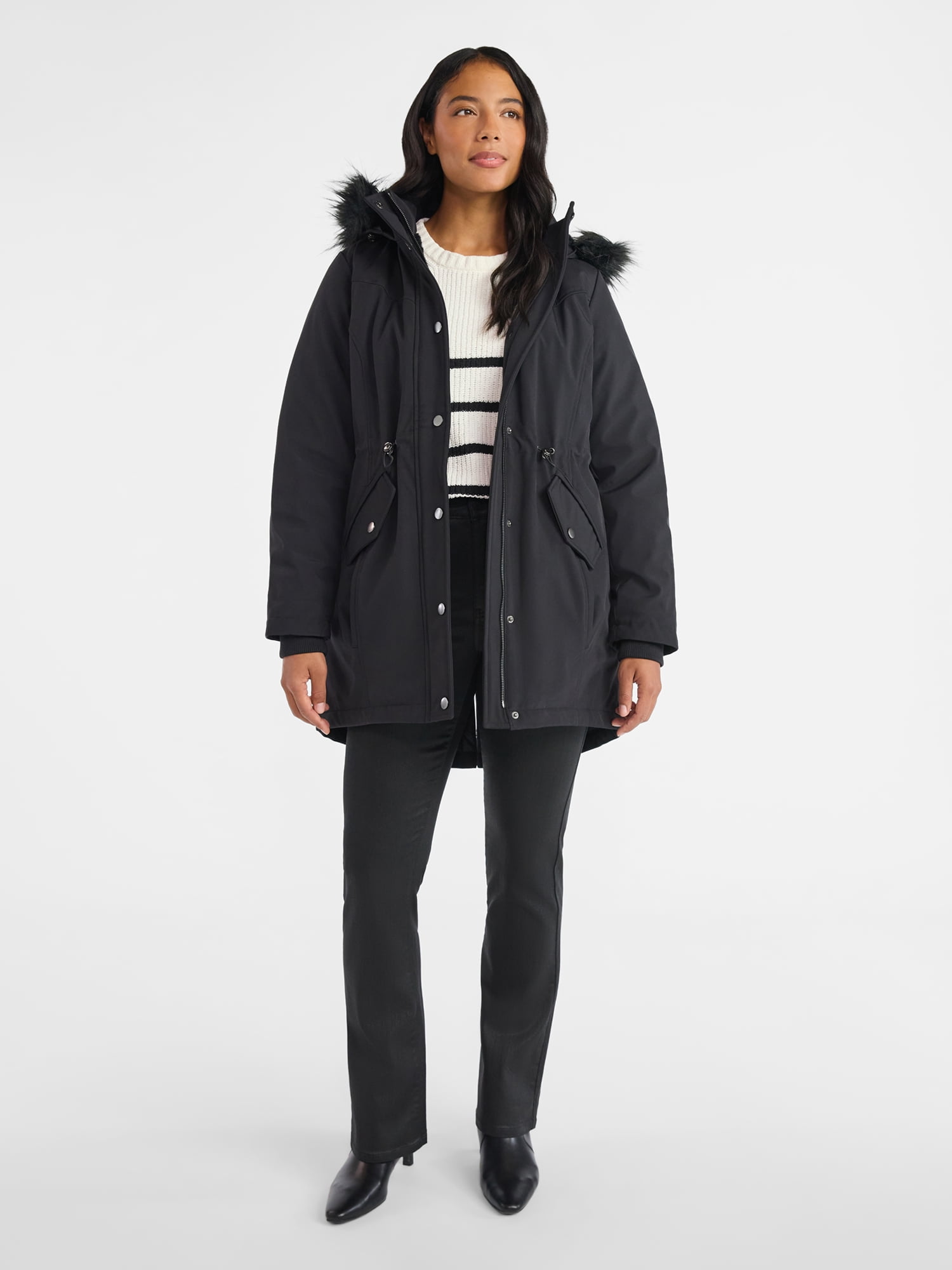 Time and Tru Women's and Women's Plus Hooded Anorak Jacket with Faux Fur Trim, Heavyweight, Sizes XS-2X