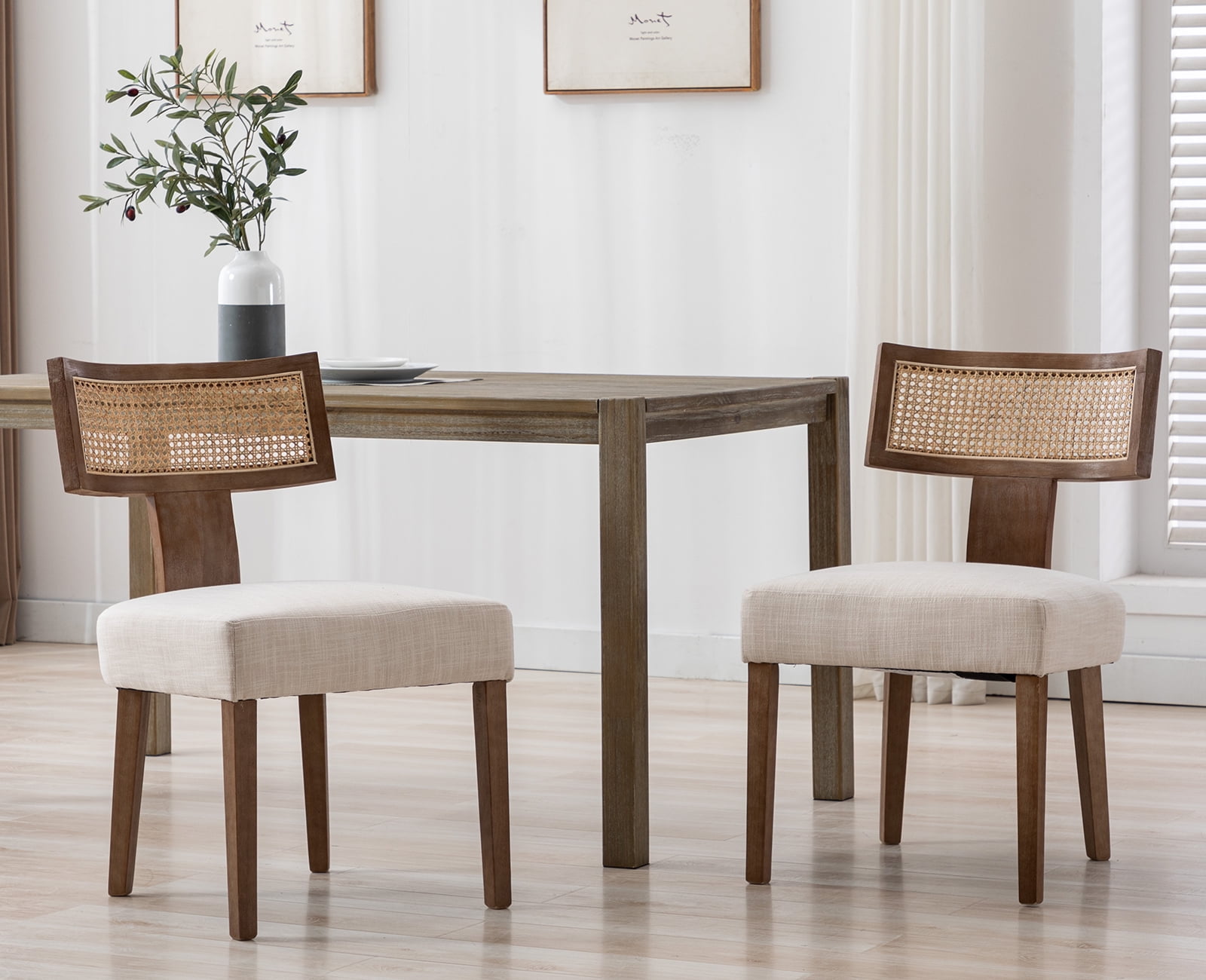 Guyou Modern Rattan Backrest Dining Chairs Set of 2, Midcentury