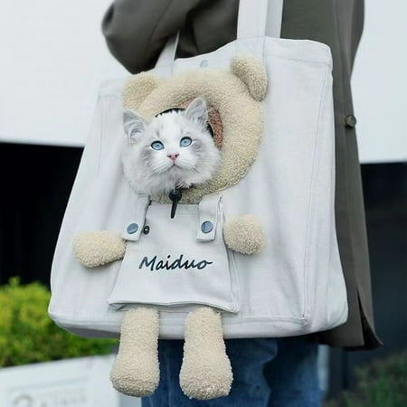 FYTPOV Plush Bear Cat Carrier  Portable Canvas Shoulder Carrying Bag  Cute Cat Bag Outdoor  Dog Tote Bag Travel Handbag for Small Cat Dog  Pet Supplies