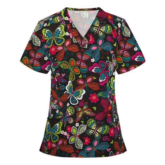 Cameland Tuniques d'Uniforme Imprimées pour Femmes, Uniforme de Travail pour Infirmières Tunique Décontractée à Manches Courtes Col en V Blouse de Clinique Haut pour Soignante