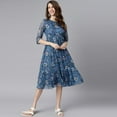 thumbnail image 3 of Janasya Summer Boho 3/4th Sleeve Floral Blue Poly Georgette Flared Midi Dress For Women, 3 of 7