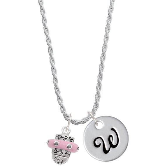 Delight Jewelry Silvertone Crystal Pink Spinner Silvertone Script Initial Disc - W - Charm Necklace, 20"+3"