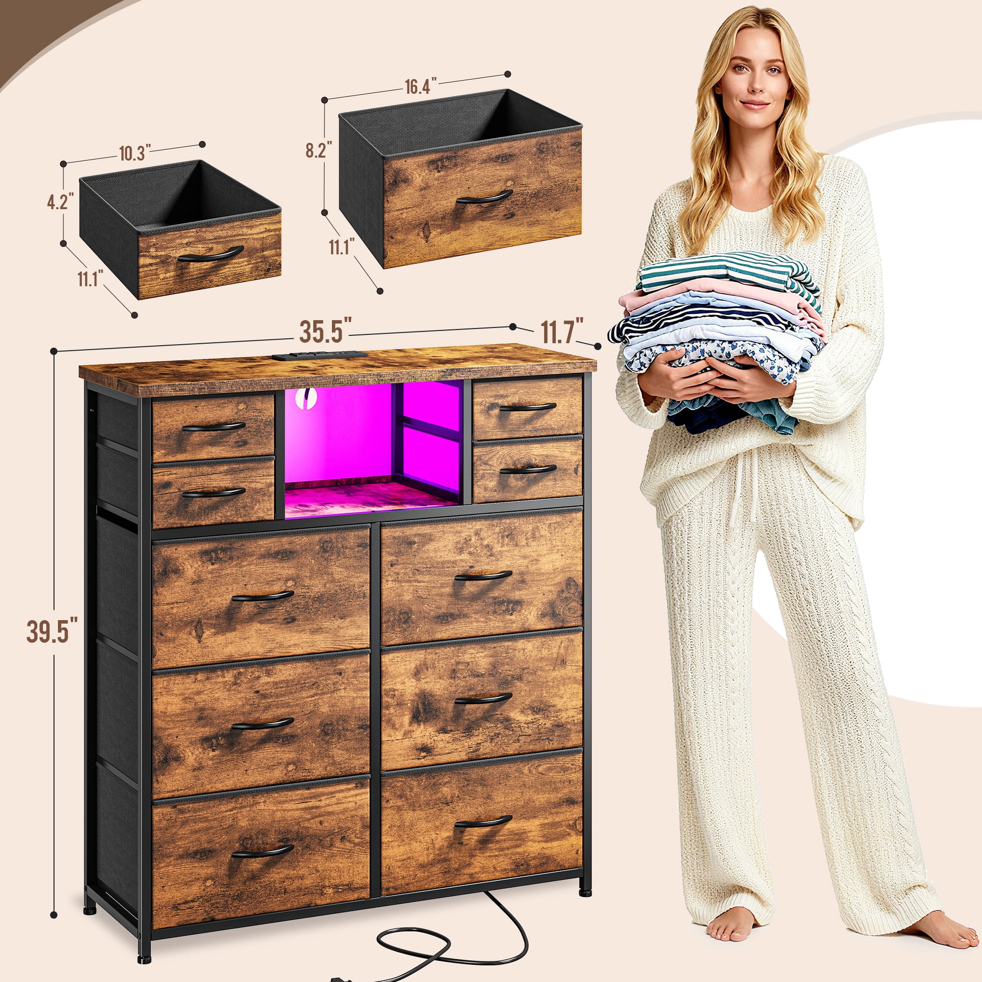 Romorgniz Tall Dresser for Bedroom with 10 Drawers Featuring LED Lights & Power Outlet Fabric Dressers & Chest of Drawers with Open Shelves, Rustic Brown