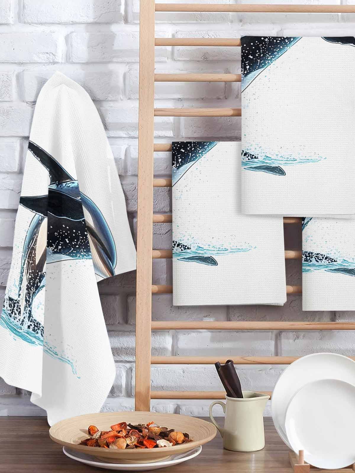 Cute Killer Whale Hand Towels Set, Waffle Weave Kitchen Towels 2 Pieces, Orca Animal Ocean Retro Artwork Microfiber Hair Face Bath Tea Towel Absorbent Quick Drying Cleaning Dish Cloths, 15.7"x23.6"