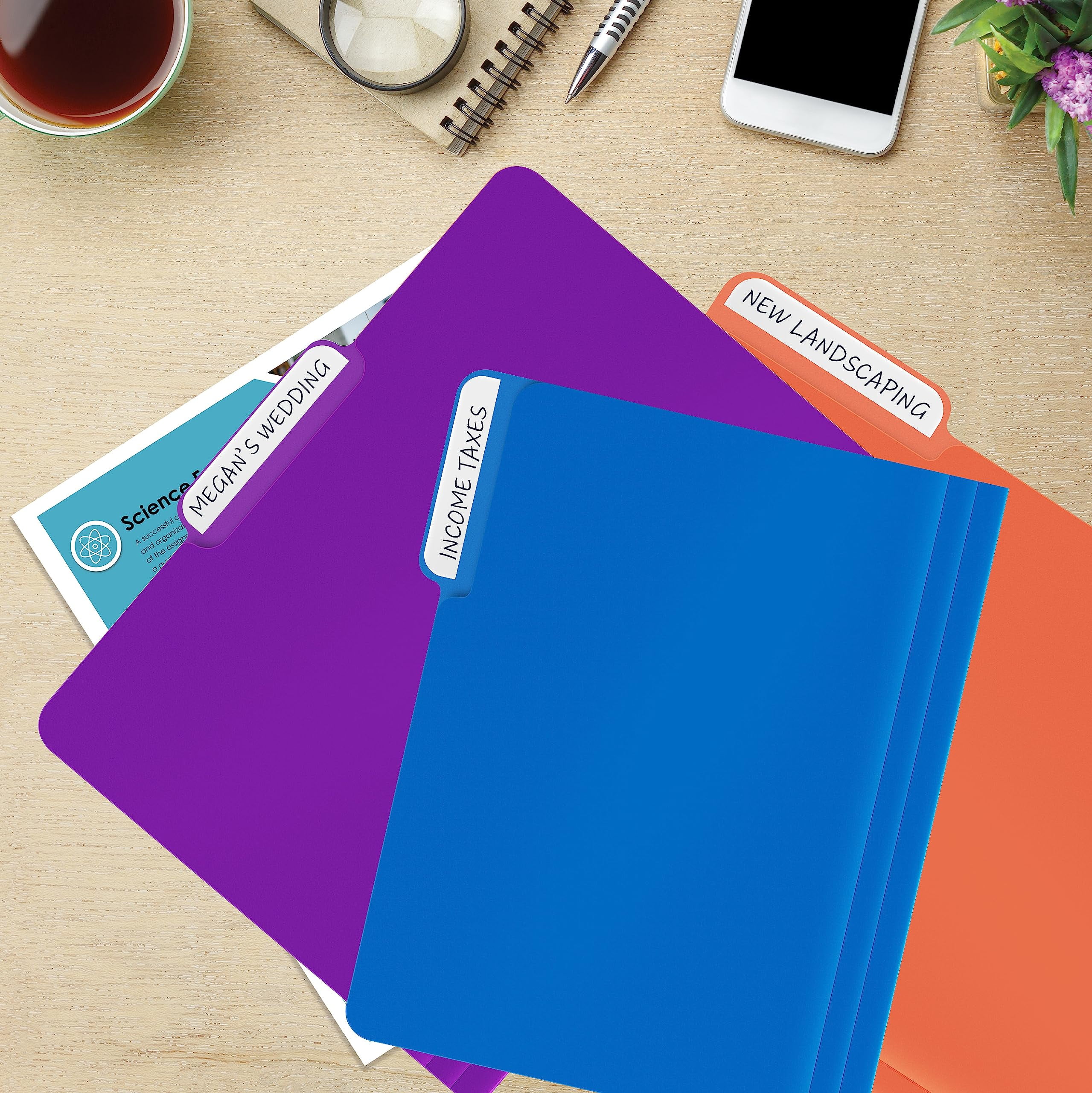 Heavyweight Poly File Folders, 1/3 Cut Tabs, 36 Pack, Assorted Colors, Letter Size, with Adhesive Labels, by Better Office Products
