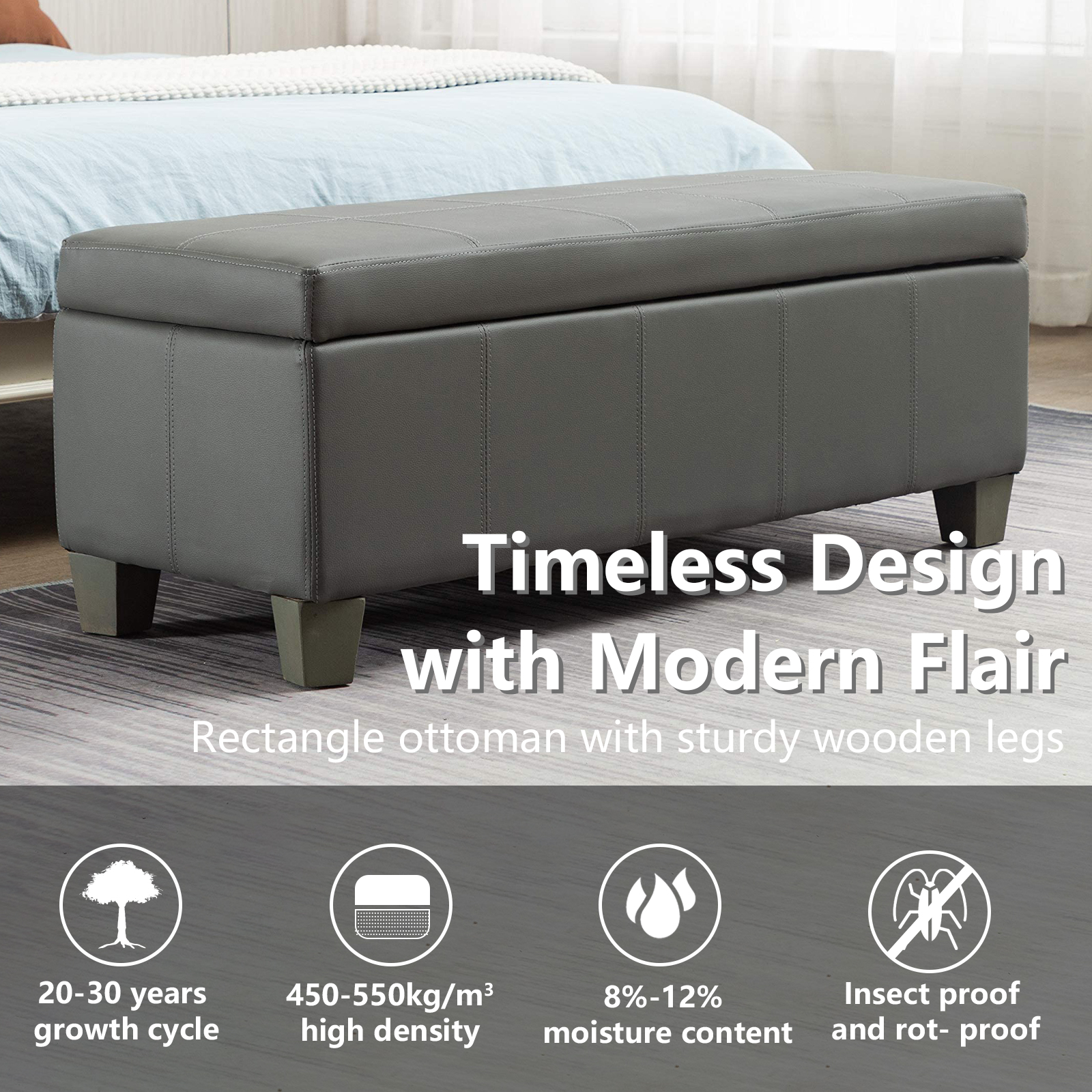 Foredo Rectangle Ottoman with Storage, Modern Faux Leather Bench with Solid Wood Legs, Ottoman for Living Room, Bedroom and Entryway, Gray