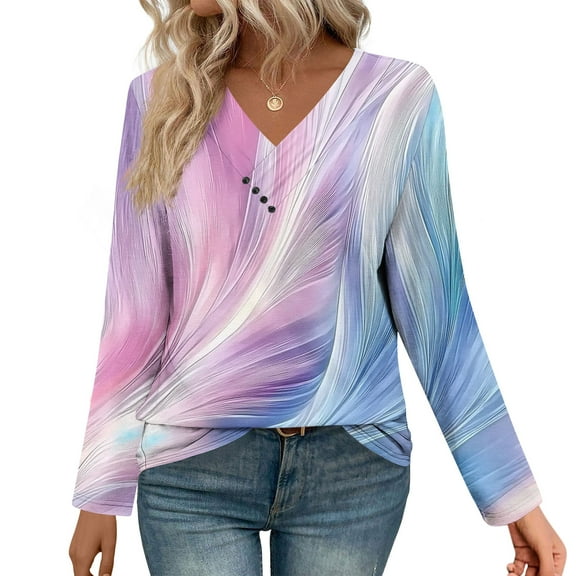 EchfiProm Womens V-Neck Tops Fall Relaxed Fit Long Sleeve Purple T-Shirt for Ladies Graphic