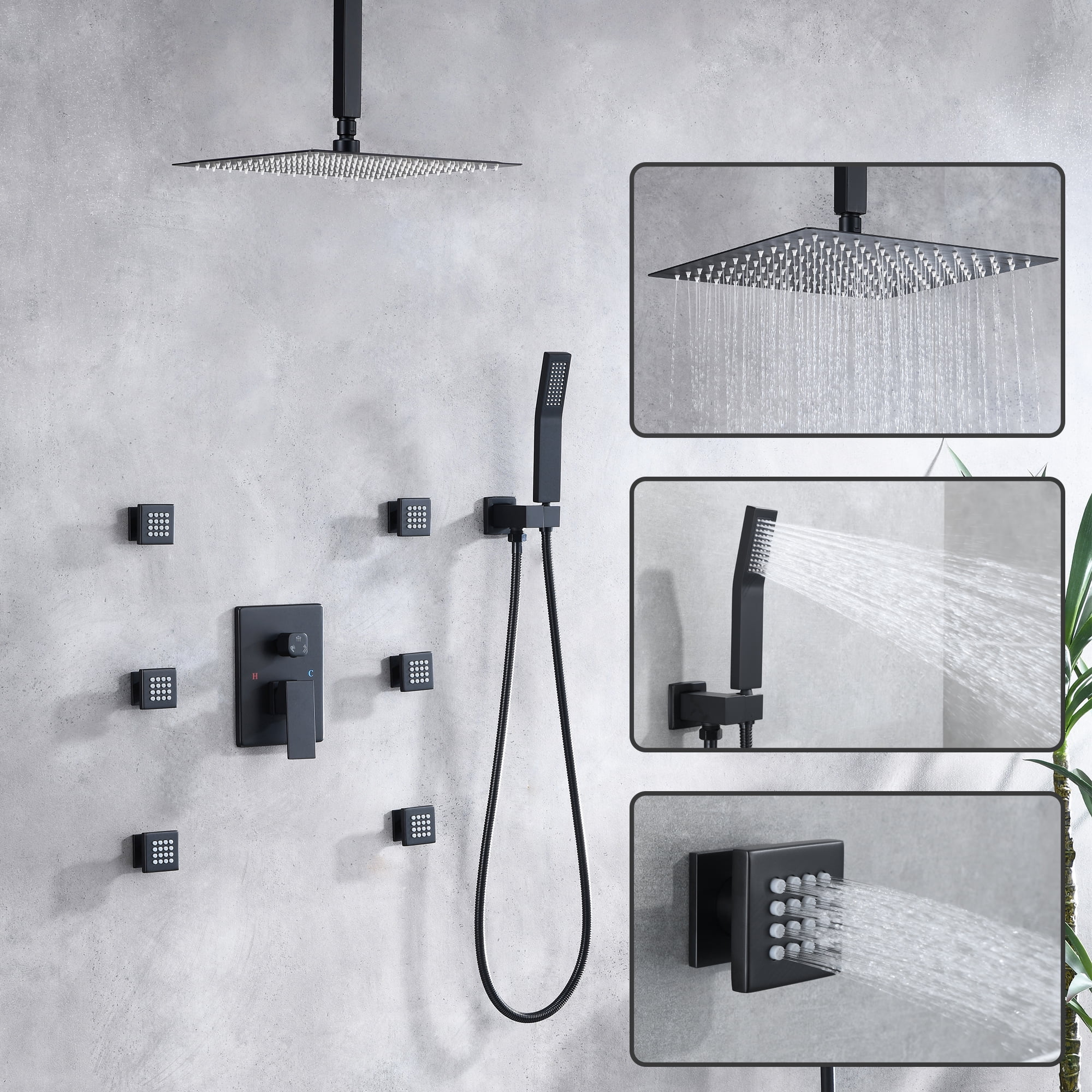 Full Body Shower System with Body Shower Spray Jets, 12'' Ceiling Shower Head System with Jets & Hand Shower, Matte Black Rain Shower System Faucet Set with Jets & Valve