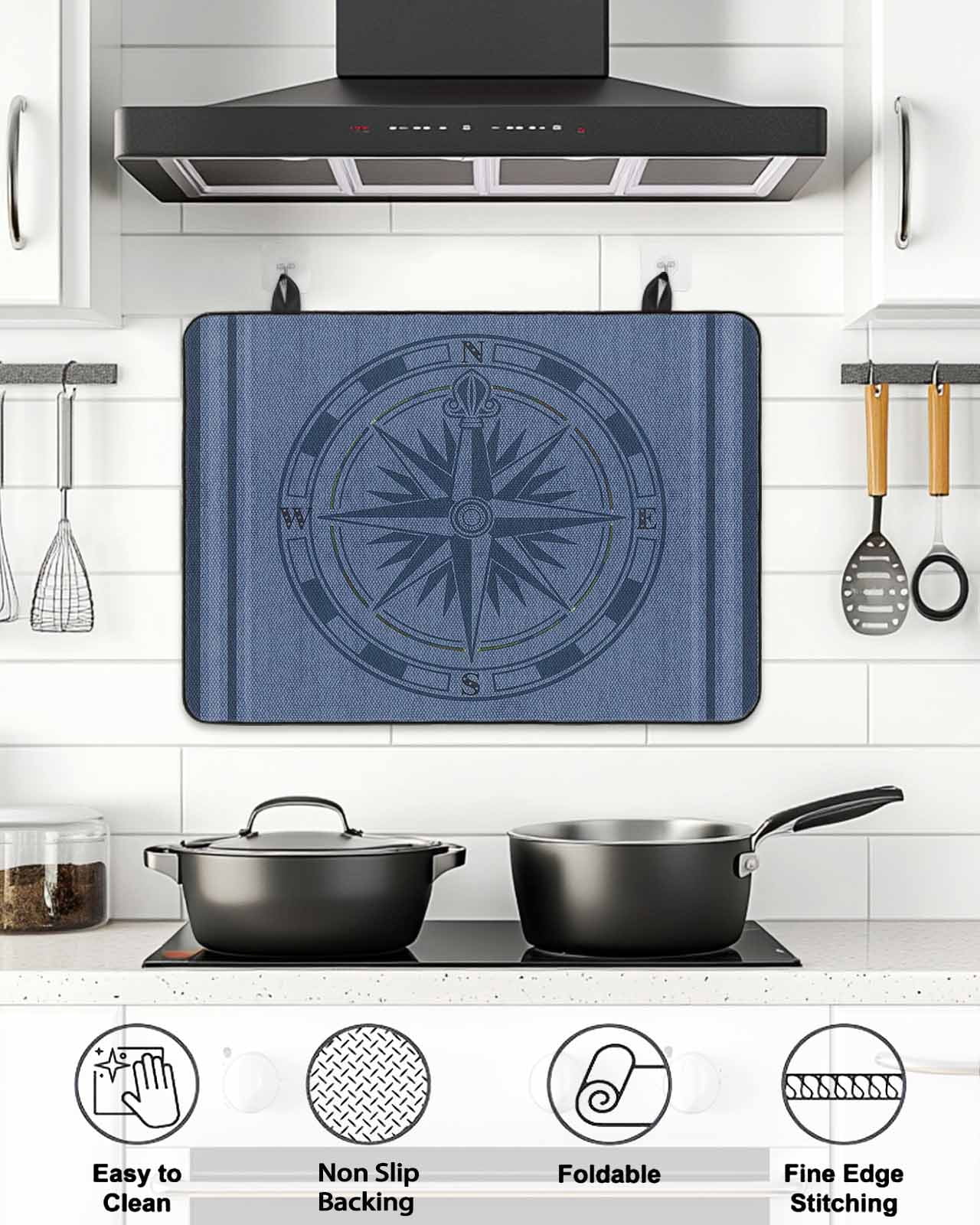 Stove Top Covers for Electric Stove, Nautical Compass Glass Stovetop Cover Protector, Navy Blue Striped Coastal Compass Induction Cooktop Protector Oven Mat for Kitchen Countertop 24"x21"