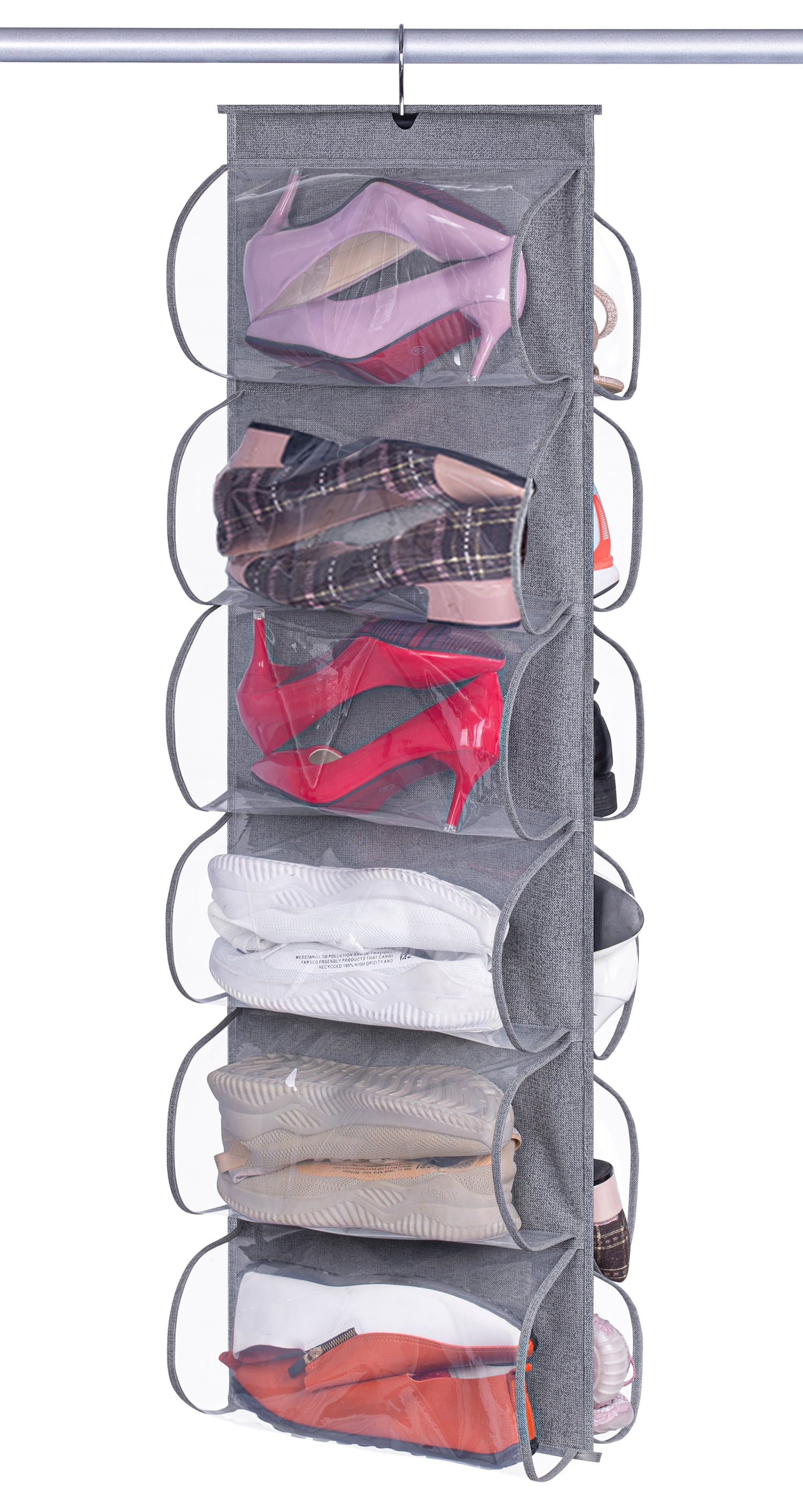 MISSLO 12 Clear Pockets Hanging Shoe Organizer for Closet Rotating Shoe Hanger Hanging Shoe Shelves Dual Sided Storage Holder, Gray