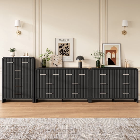 HUJAUU Modern 3 Piece Bedroom Furniture Set, 8 Drawer Fluted Wood Dresser, 6 Drawer Chest of Drawers & 6 Drawers Tall Dresser with Gold Handle, Black