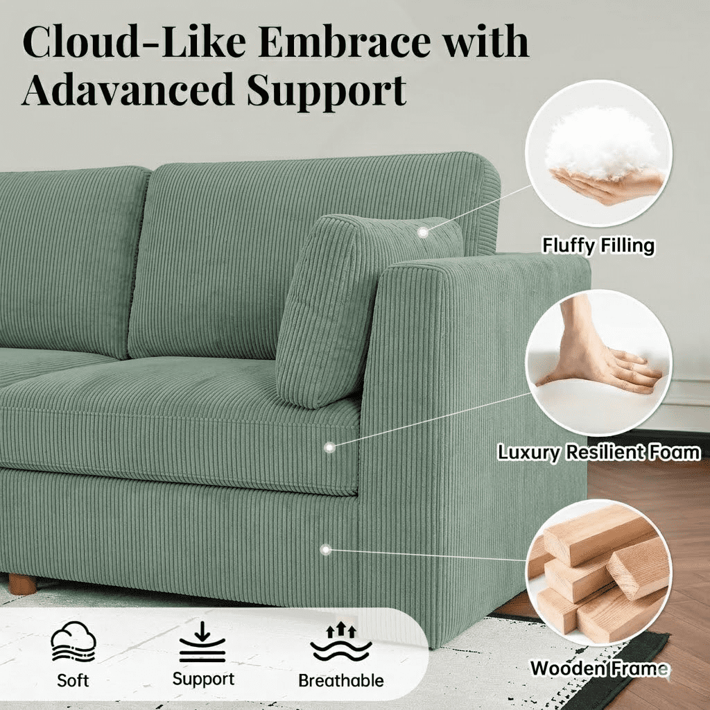 Howcool Cloud Couch Modular Sectional Sofa 6 Seat 134" U Shaped Convertible Couch Corduroy Thick Cushion with 2 Storage Ottomans and Toss Pillows Washable Removable Cover for Living Room,Dark Green